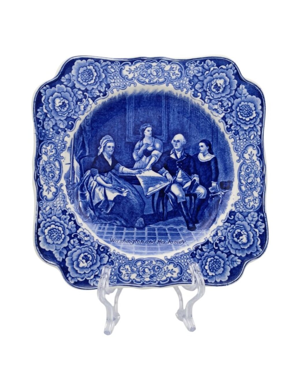 1932 Crown Ducal George Washington Family Memorial Blue Transferware Plate 8.25"